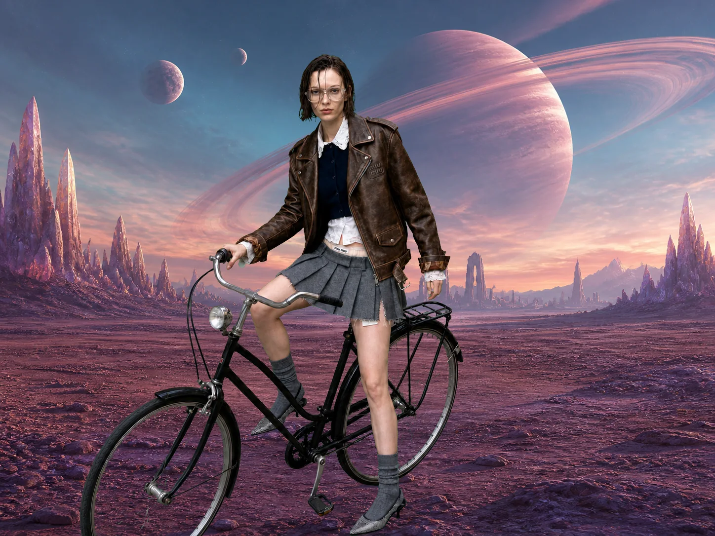The cyclist standing on a red desert plain under an alien sky