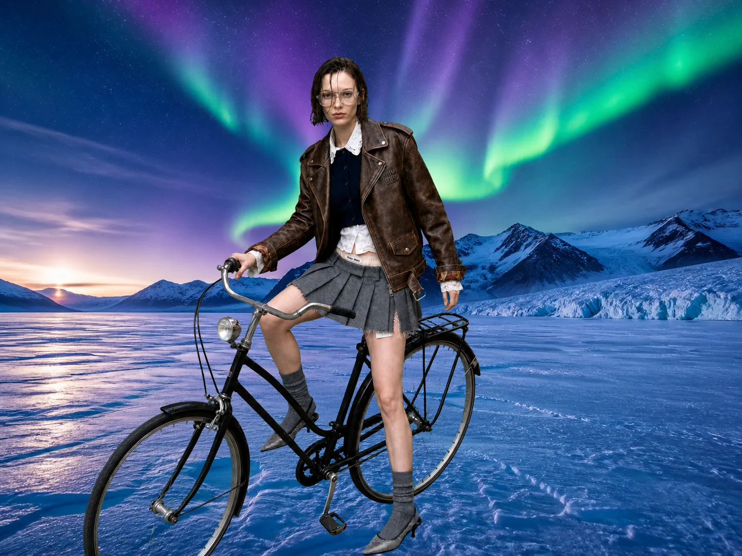 The cyclist under polar aurora on a frozen lake