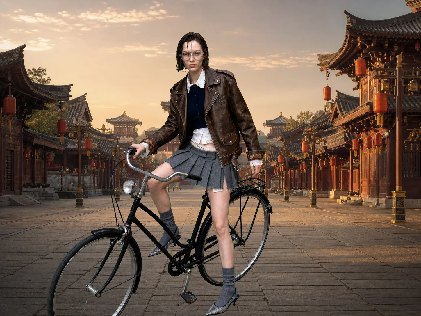 The cyclist on the stone avenue of an ancient Chinese capital at sunrise