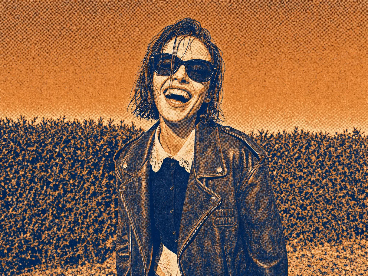 The same shot as a warm amber halftone duotone print