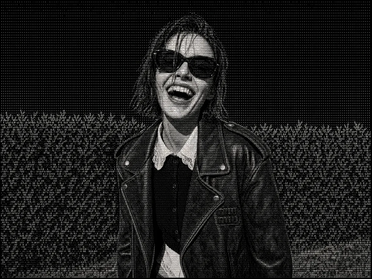 The same shot as grainy black-and-white print halftone