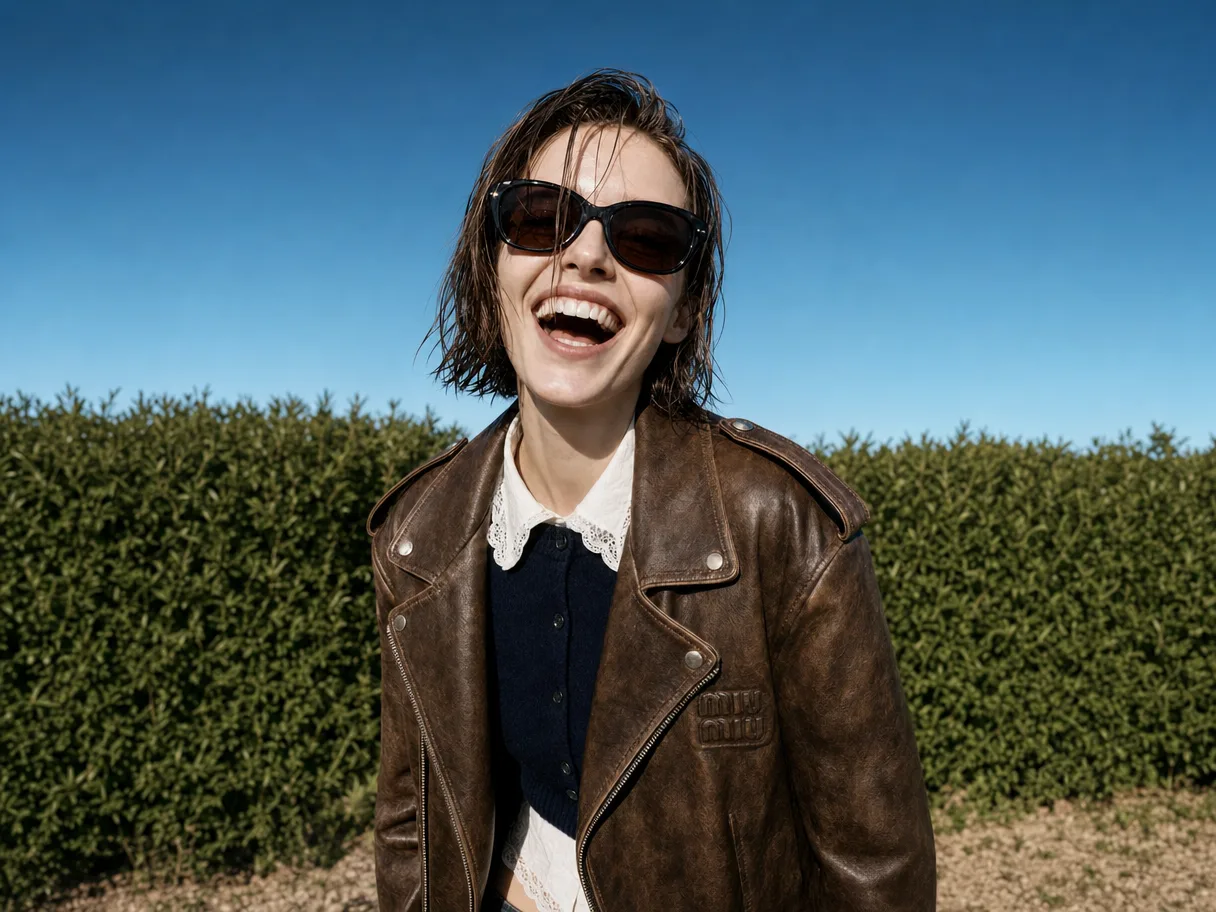 A laughing model in a leather jacket in front of a hedge — the original shot