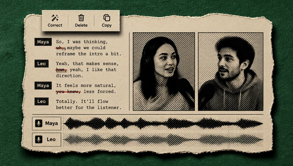 Podcast editing interface showing transcript-based filler-word removal and multiple detected speakers