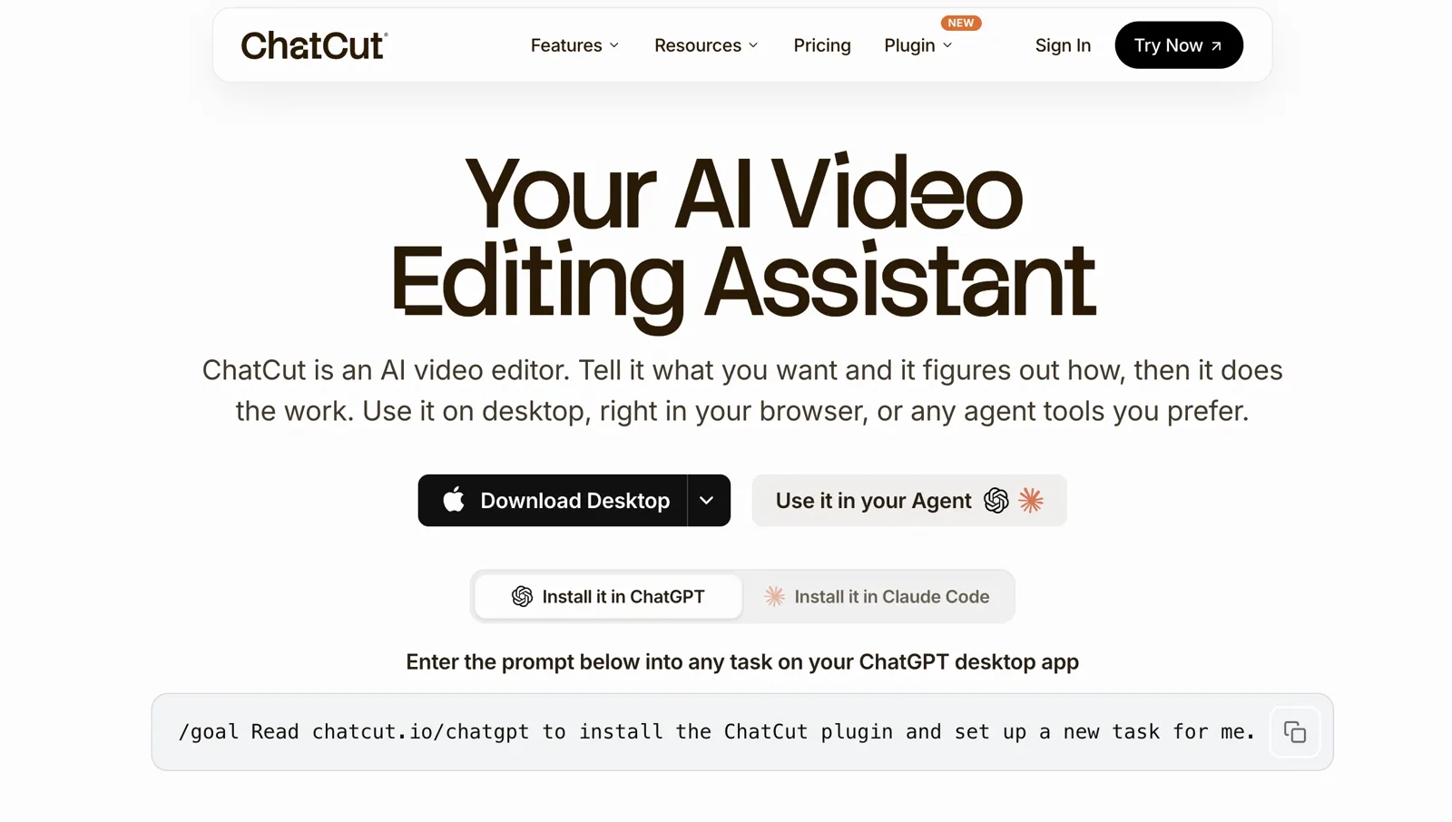 The ChatCut homepage showing the setup prompt that can be copied into ChatGPT