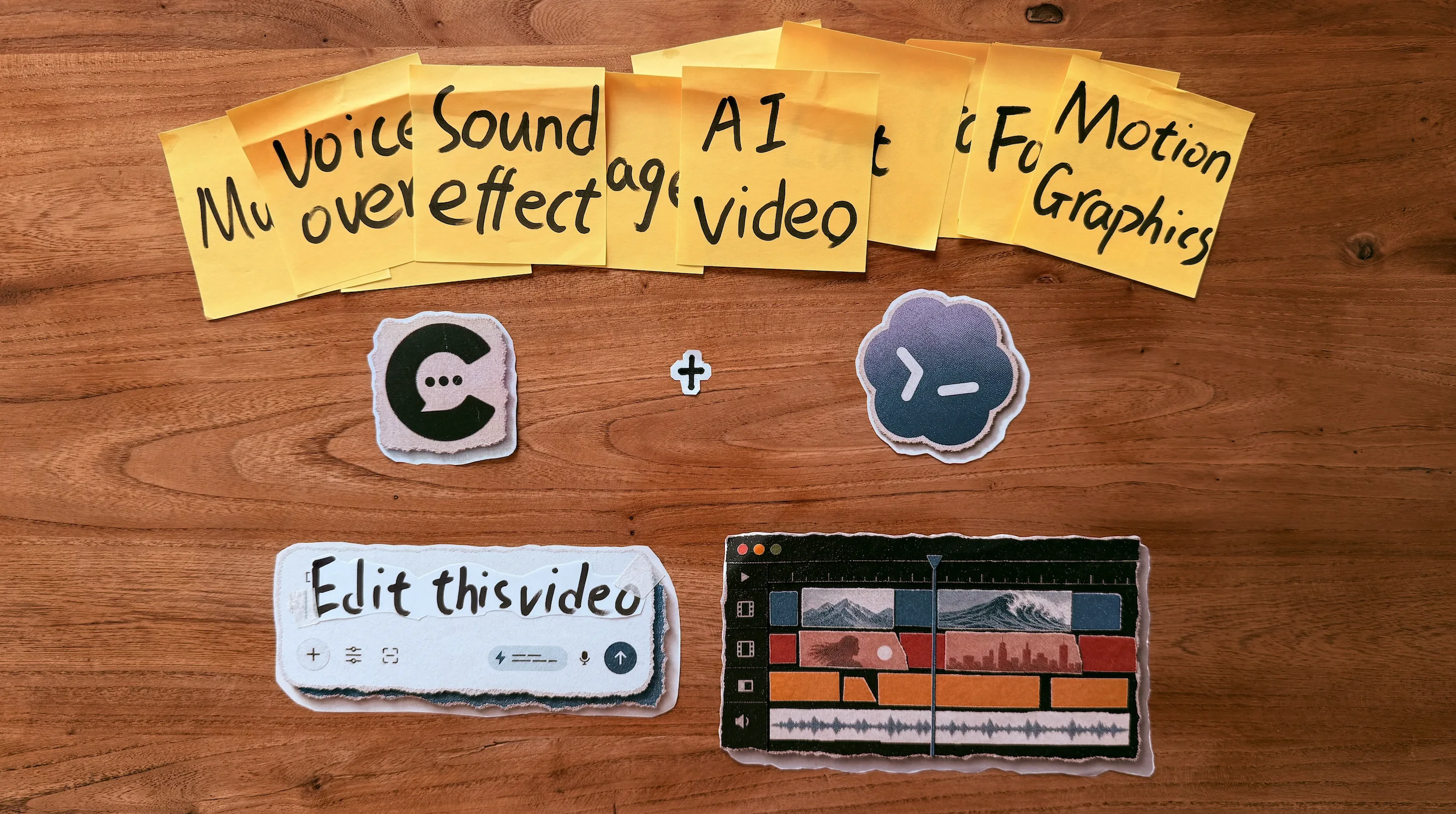 The ChatCut and Codex marks side by side above a prompt bar and a multi-track video timeline