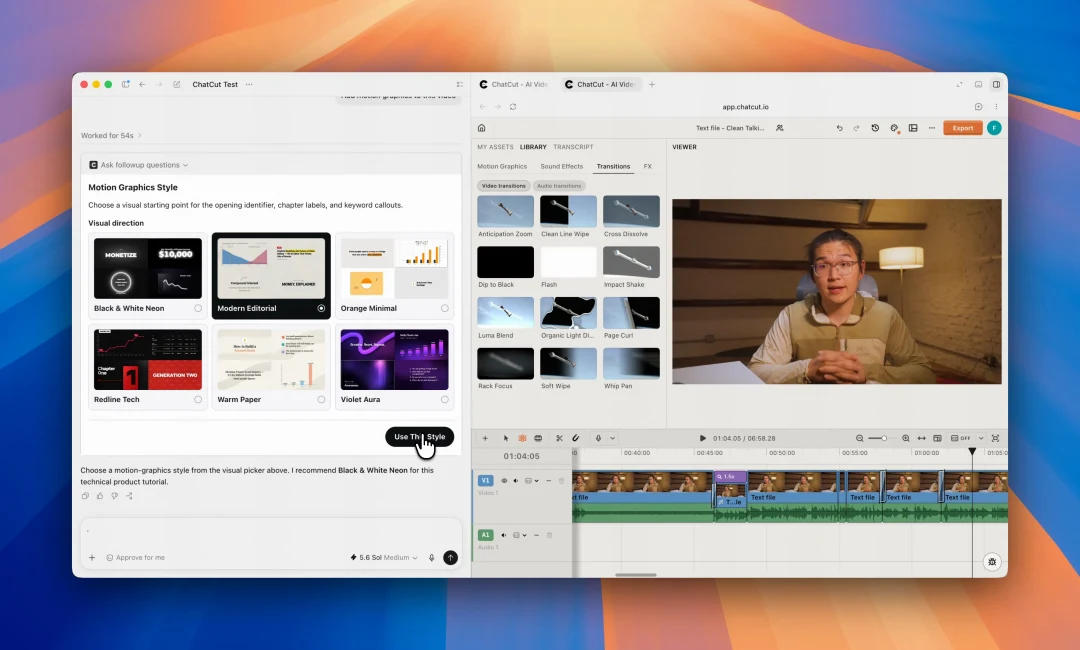 Several visual directions for Motion Graphics inside ChatCut