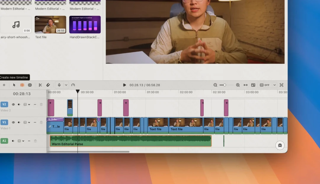 Generated music and voice tracks placed beneath a talking-head edit in ChatCut