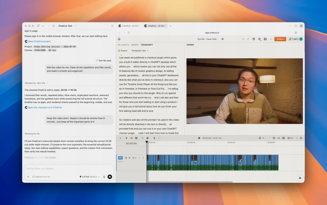 A talking-head rough cut and transcript open in the ChatCut editor