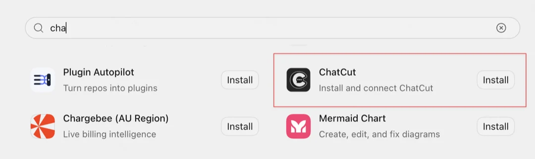 The ChatCut listing in the ChatGPT desktop app plugin store, found by searching cha