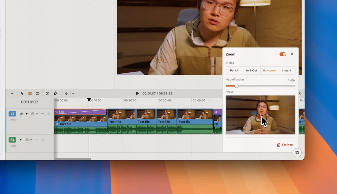 Punch-in zoom controls open over a video clip in ChatCut