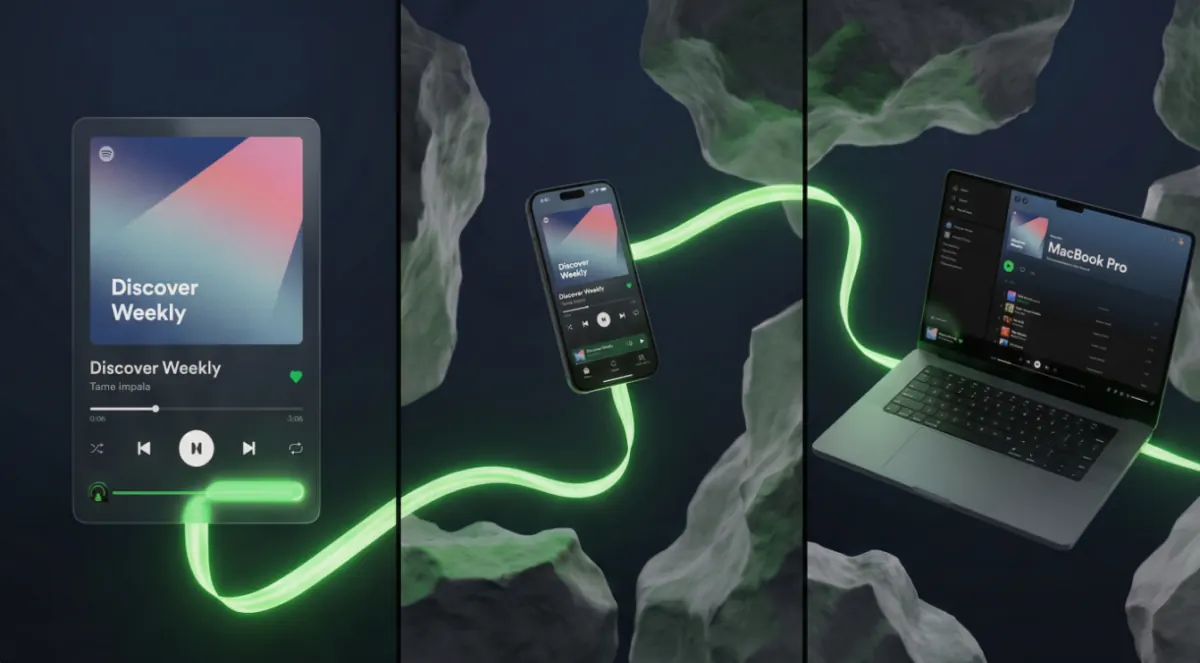 Multimodal Seedance reference board with dark music cards, a phone, and a laptop connected by a glowing green ribbon.