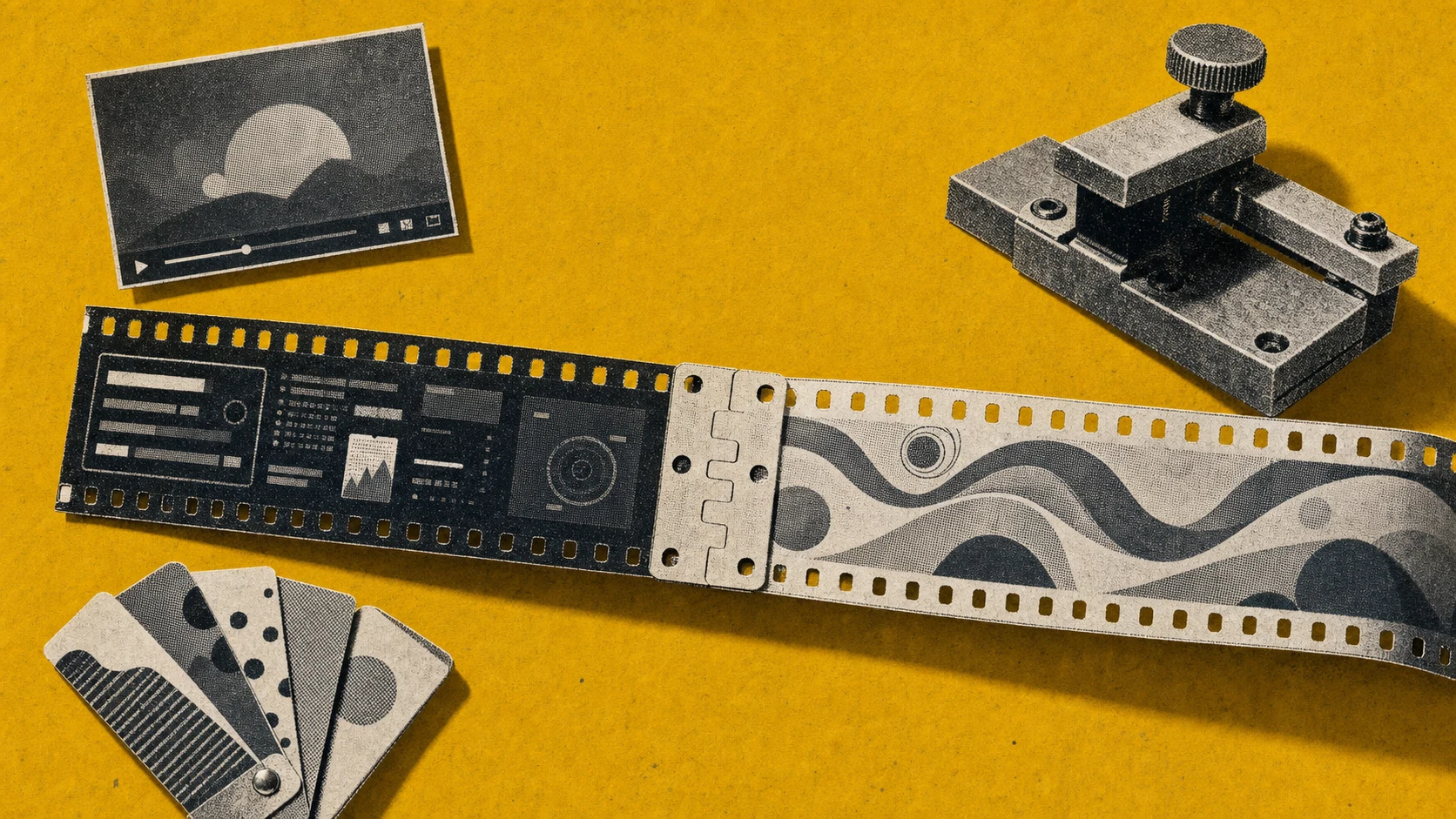 An interlocking hybrid film splice joining an interface-photo strip to a motion-shape strip beside a screen-record card, motion swatches, and a registration clamp.