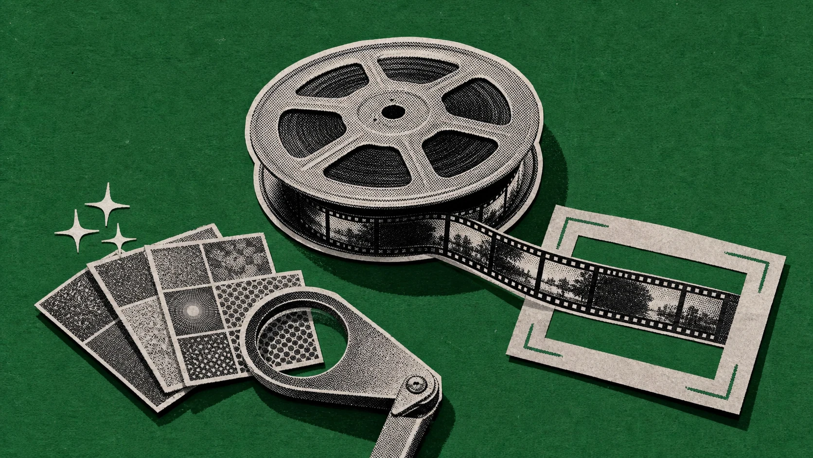 A real camera film reel anchors a field of generated test cards, a selection loupe, and one spotlight placement.