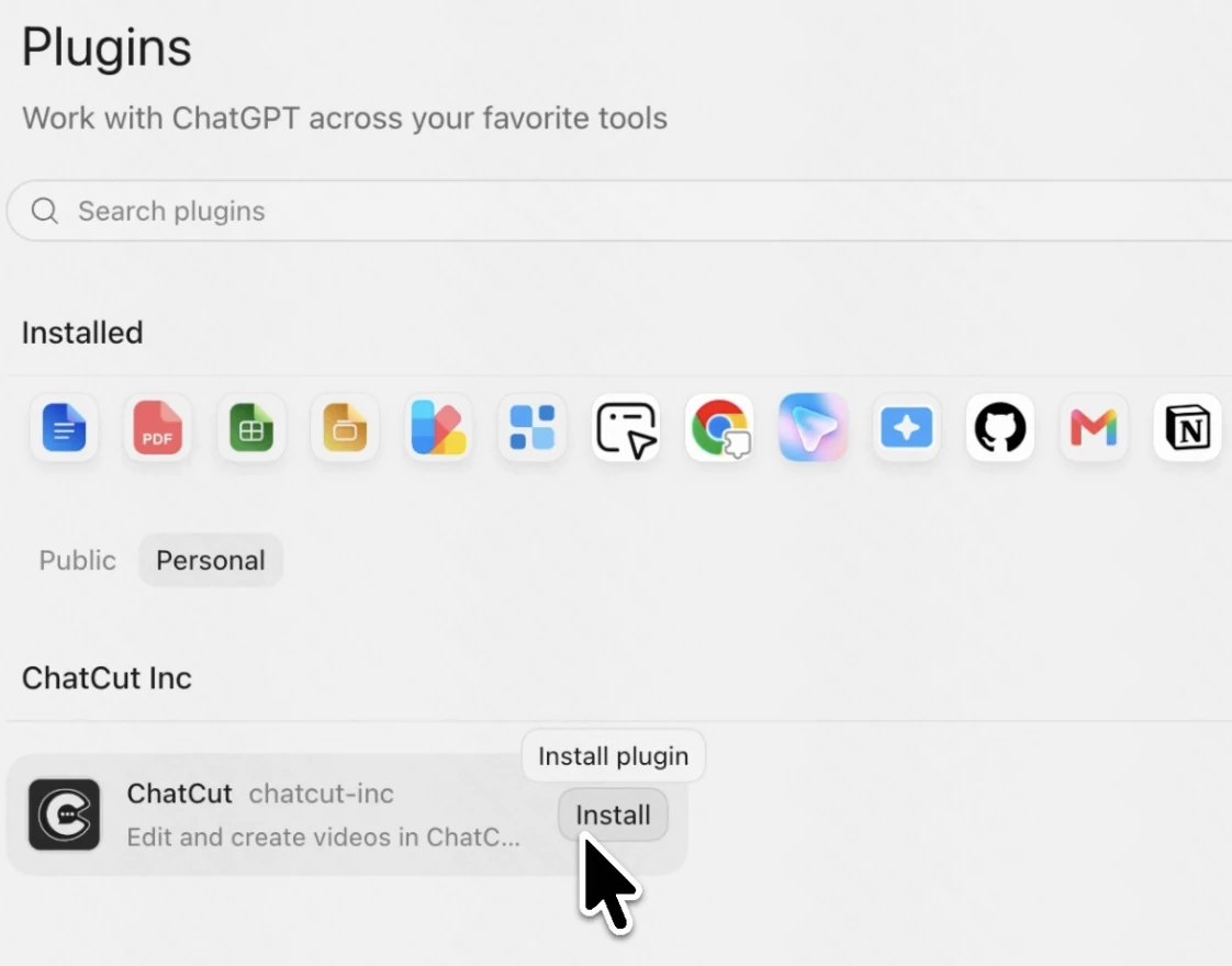 Open the Personal tab, find ChatCut and click Install