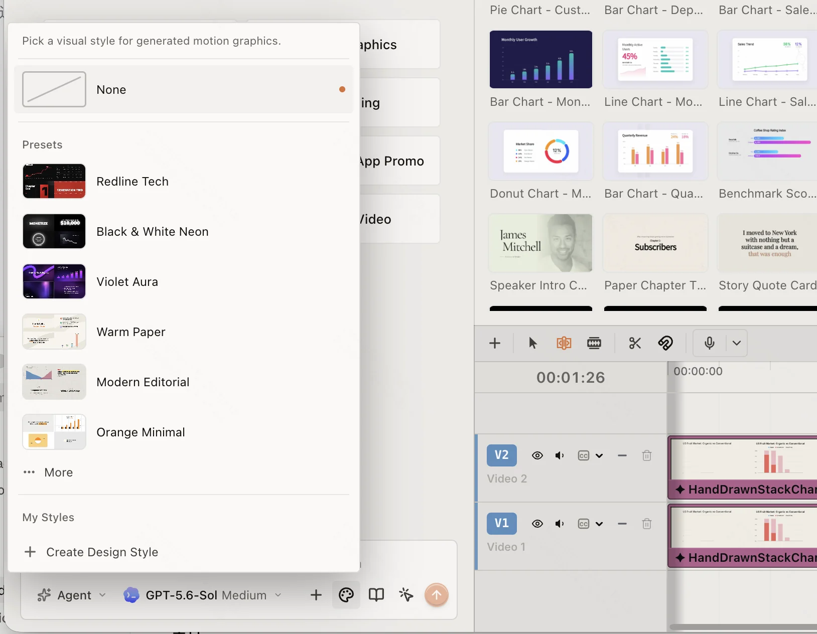 The Design Style menu in the ChatCut AI composer with None, Featured styles, and Create Design Style