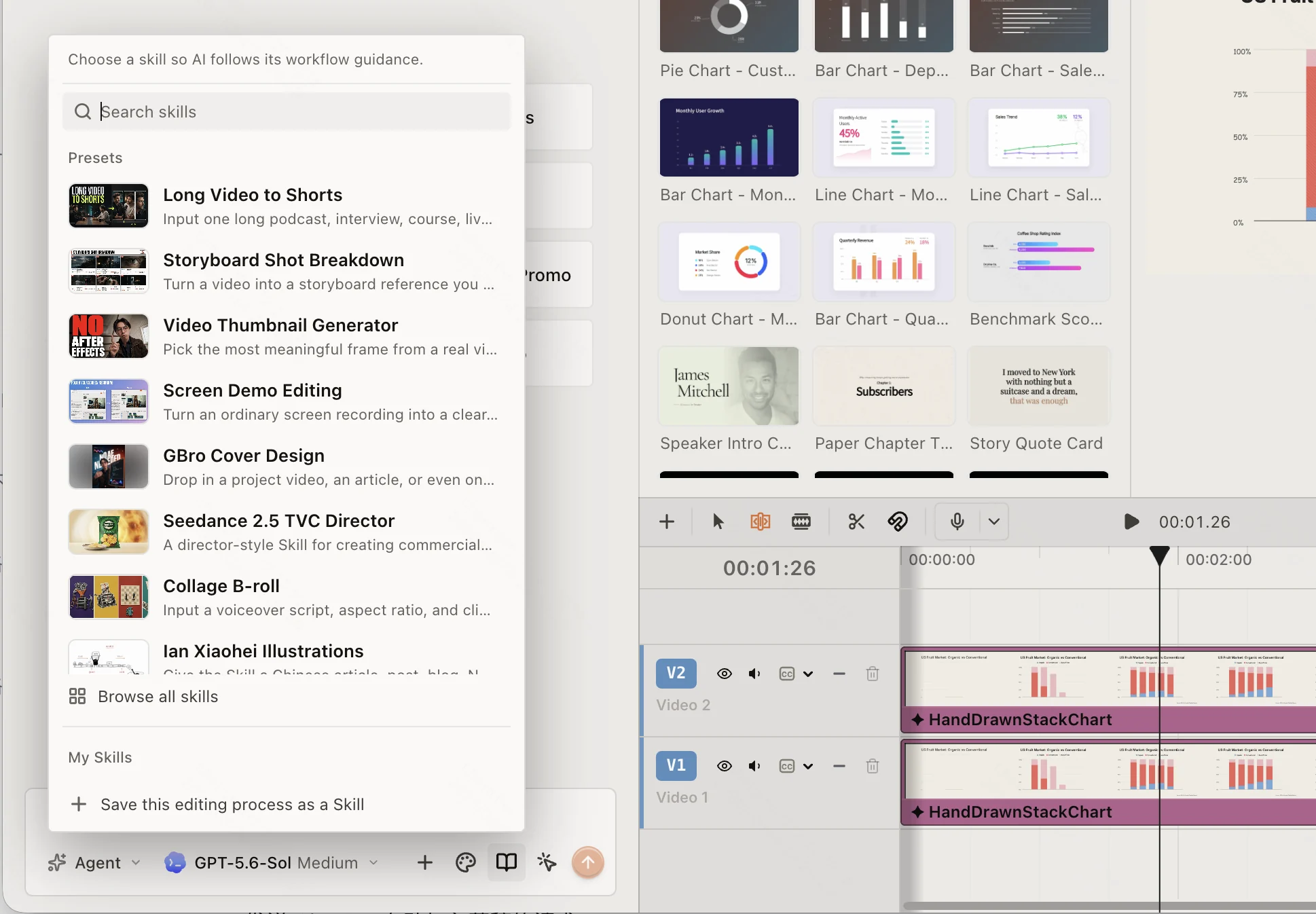 The Skills menu in the ChatCut AI composer with search, Presets, Browse all skills, My Skills, and Save this editing process as a Skill