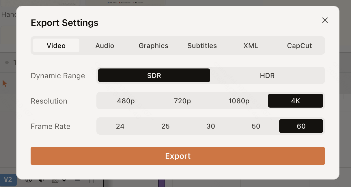ChatCut Desktop Export Settings with Video, Audio, Graphics, Subtitles, XML, and CapCut tabs