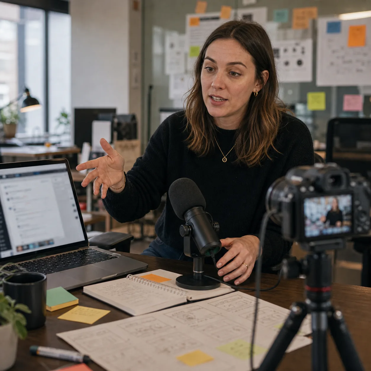 A marketer recording a product update to camera at a desk