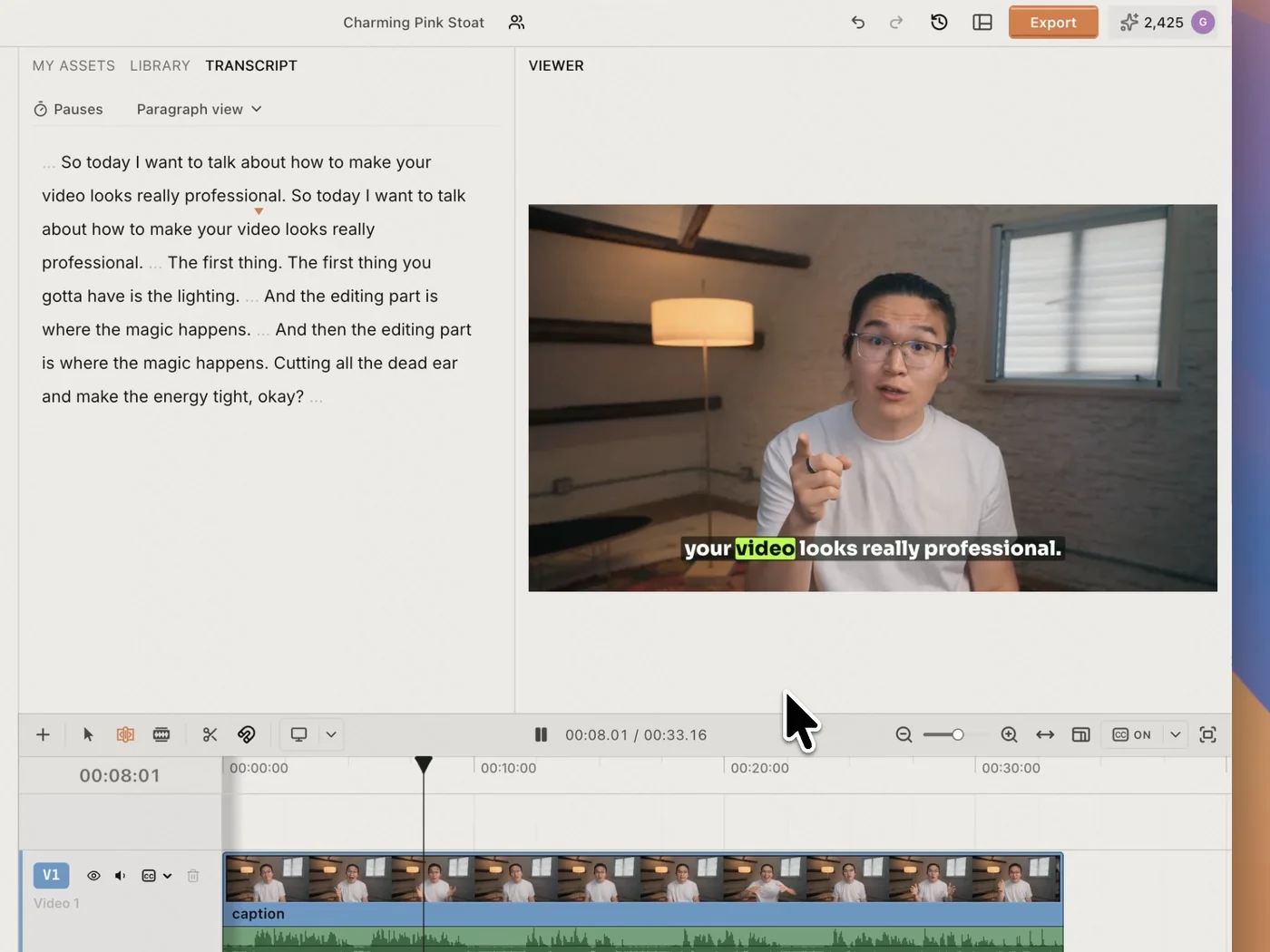 Auto caption generator, based on transcription